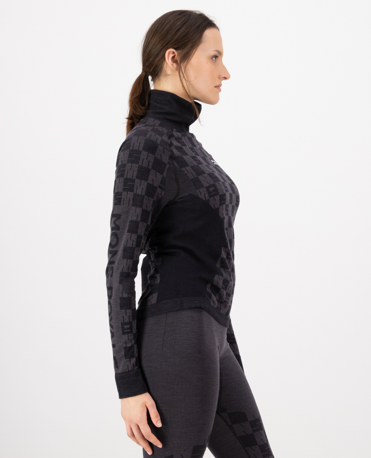 Mons Royale Womens Ascender Merino Seamless Mock Neck Long Sleeve - Forged Iron / Black