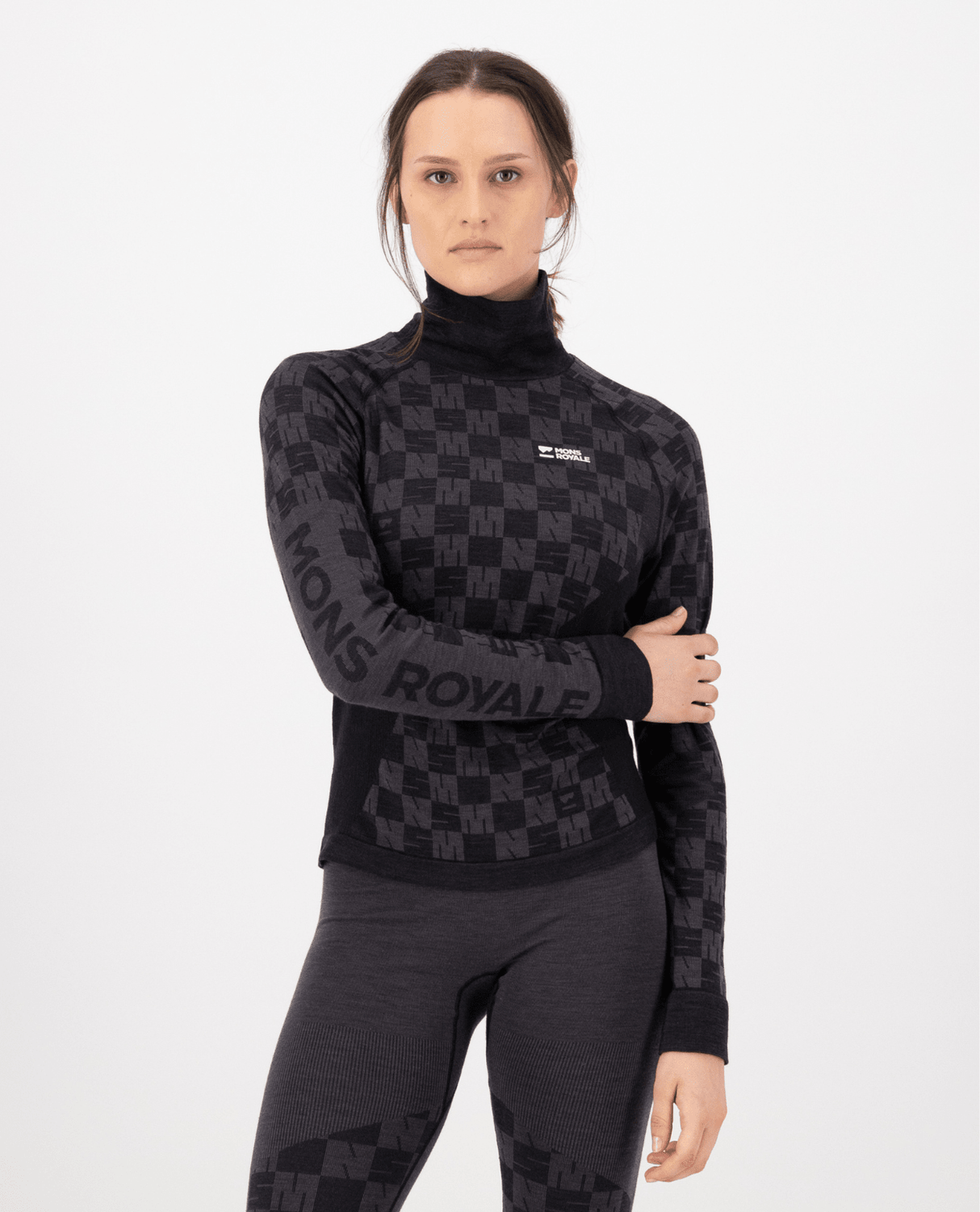 Mons Royale Womens Ascender Merino Seamless Mock Neck Long Sleeve - Forged Iron / Black - Underställ - Alpingaraget