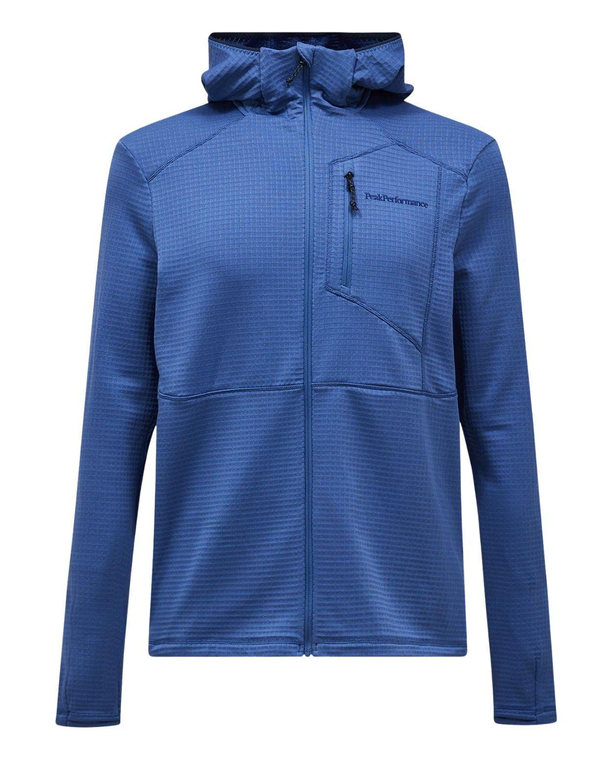 Blå Peak Performance Trail Polartec Zip Hood för herrar med huva och bröstficka.