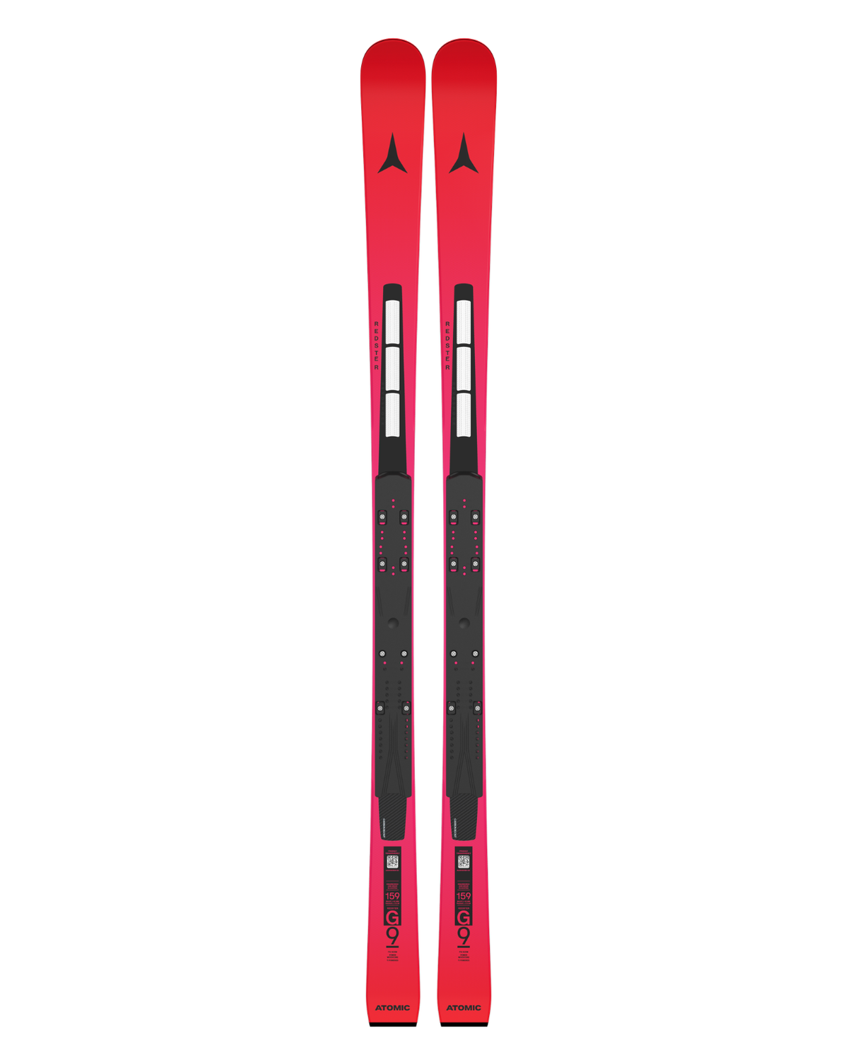Röda Atomic Redster G9 FIS Revoshock J-RP junior-GS-skidor med stabil raceplatta för tävlingsåkning.