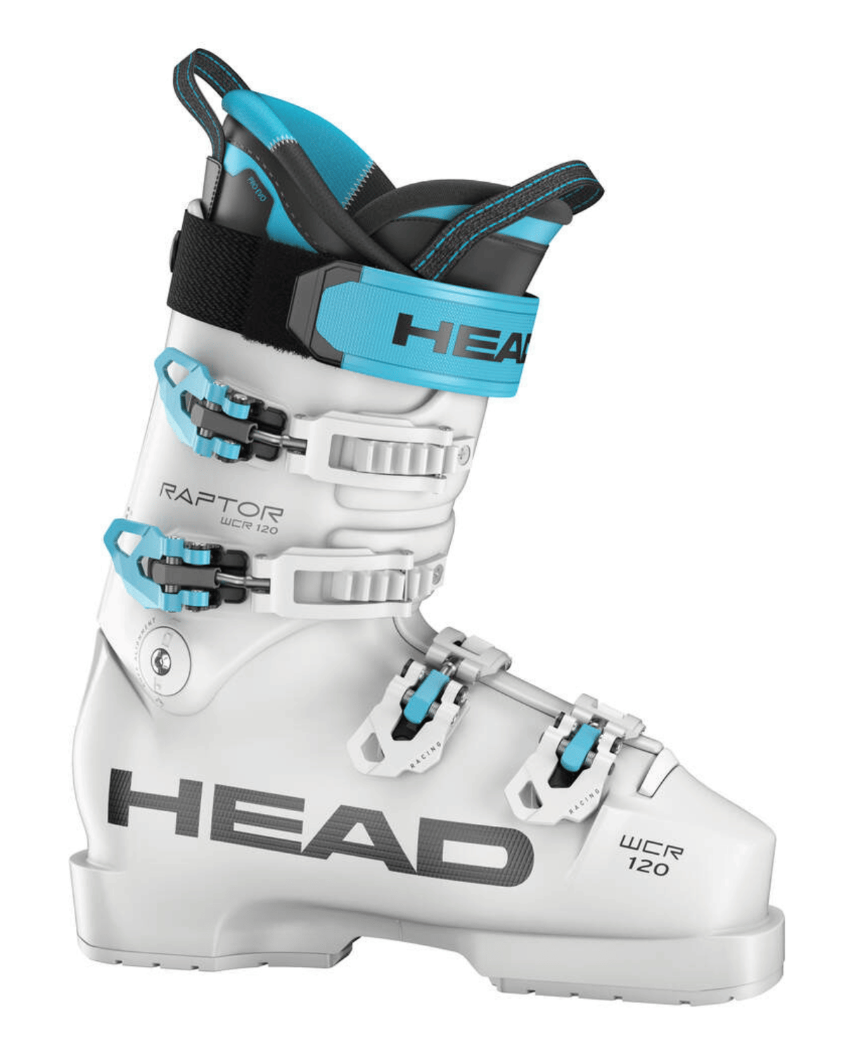 Head Raptor WCR 120 PV racepjäxa i vitt med cyanblå detaljer, optimerad för alpin racing och precision.