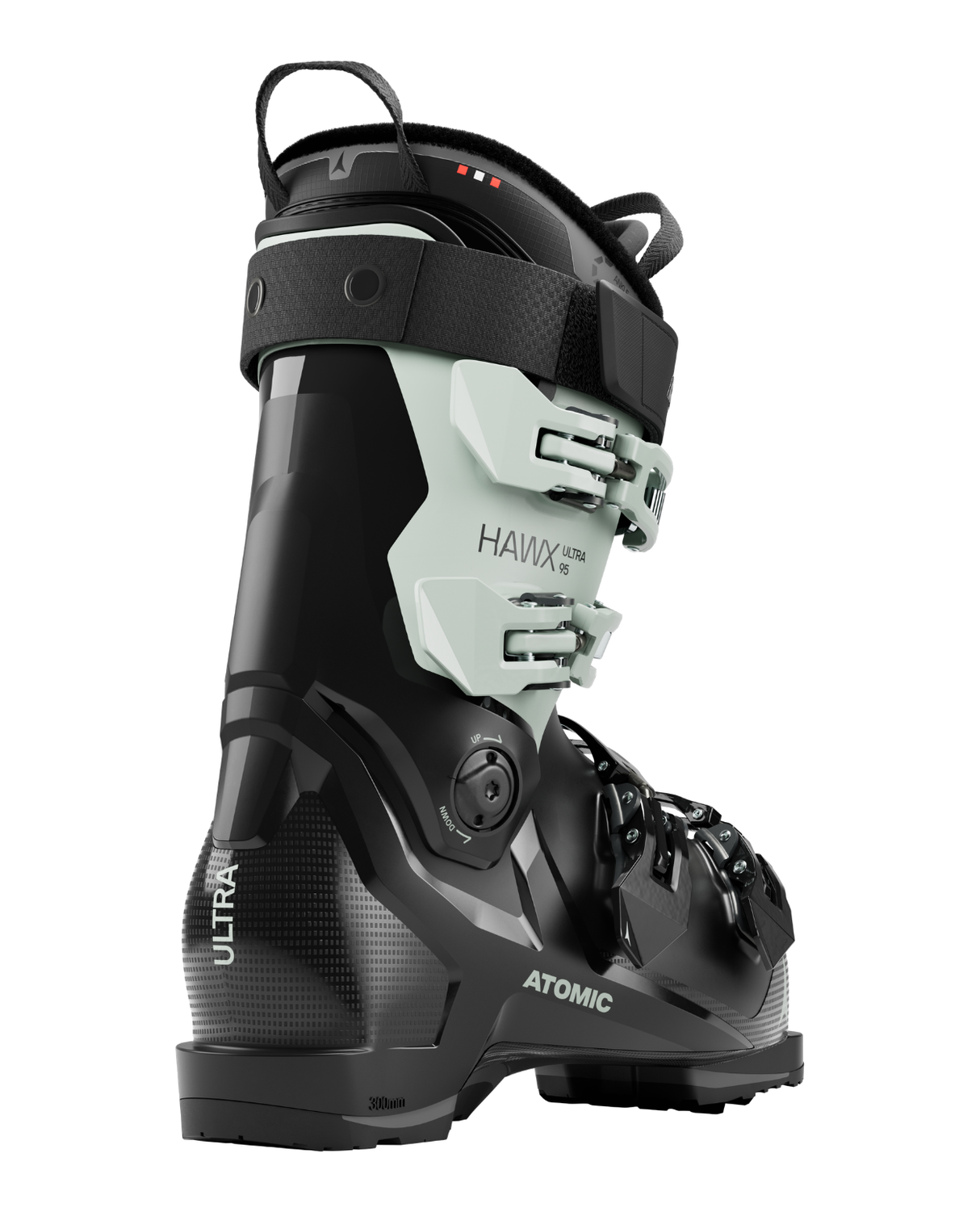 Atomic Hawx Ultra 95 W dam-alpinpjäxa i svart och sage sedd snett bakifrån med fokus på pjäxans skal och detaljer.