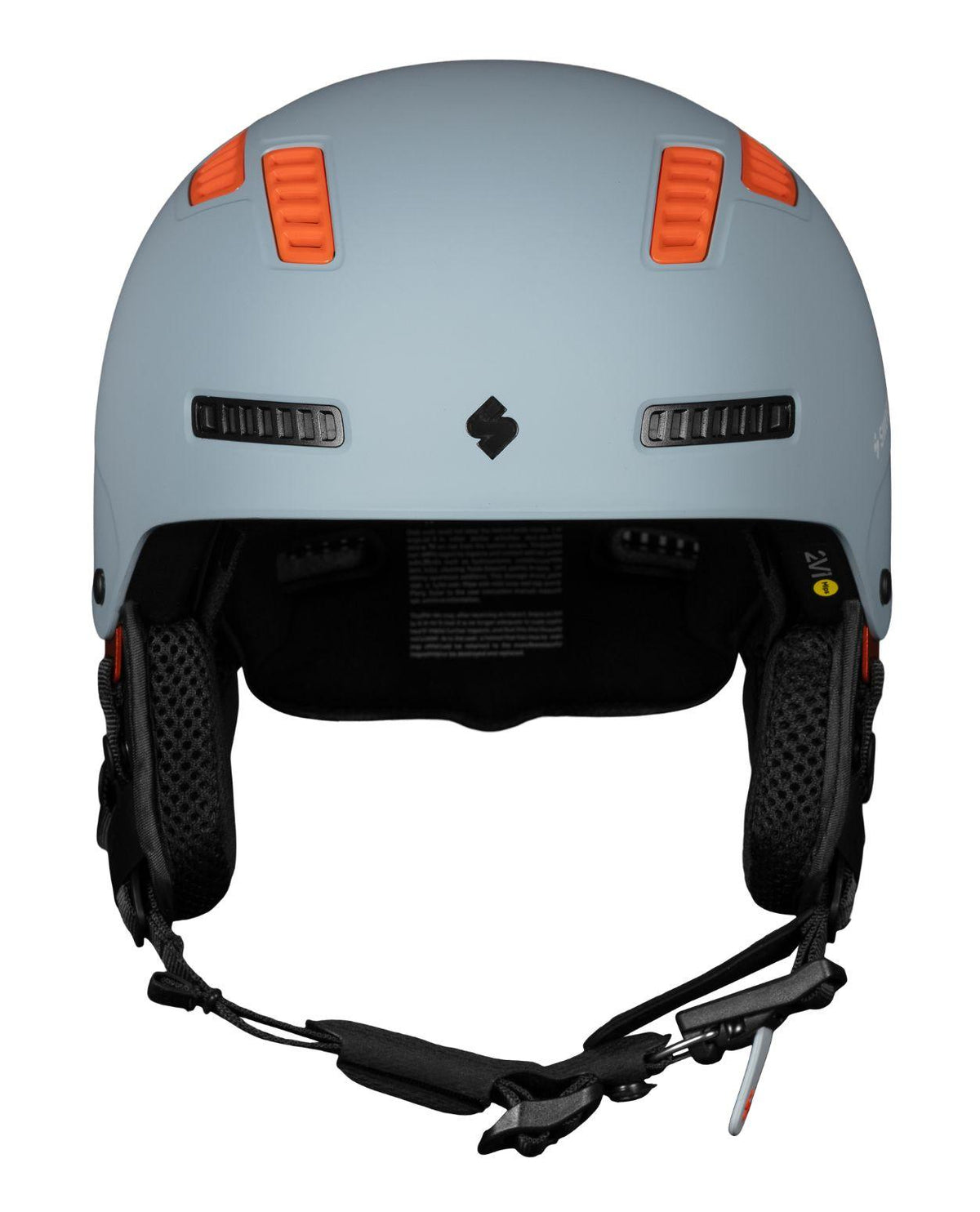Sweet Protection Igniter 2Vi Mips skidhjälm i Platinum Grey med orangea detaljer sedd framifrån.