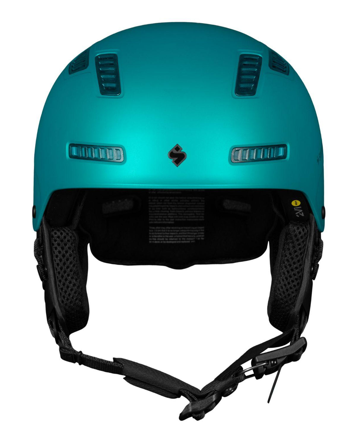 Sweet Protection Igniter 2Vi Mips hjälm i Valiant Teal, turkos skidhjälm sedd framifrån.