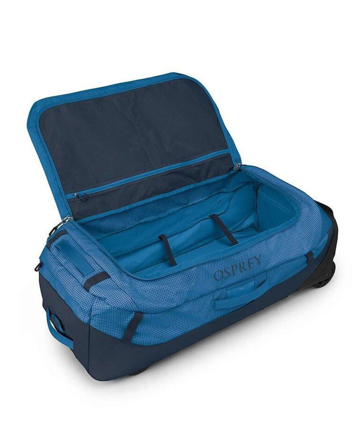 Osprey Transporter Wheeled Duffel 120L i blått utförande med öppet och rymligt huvudfack.