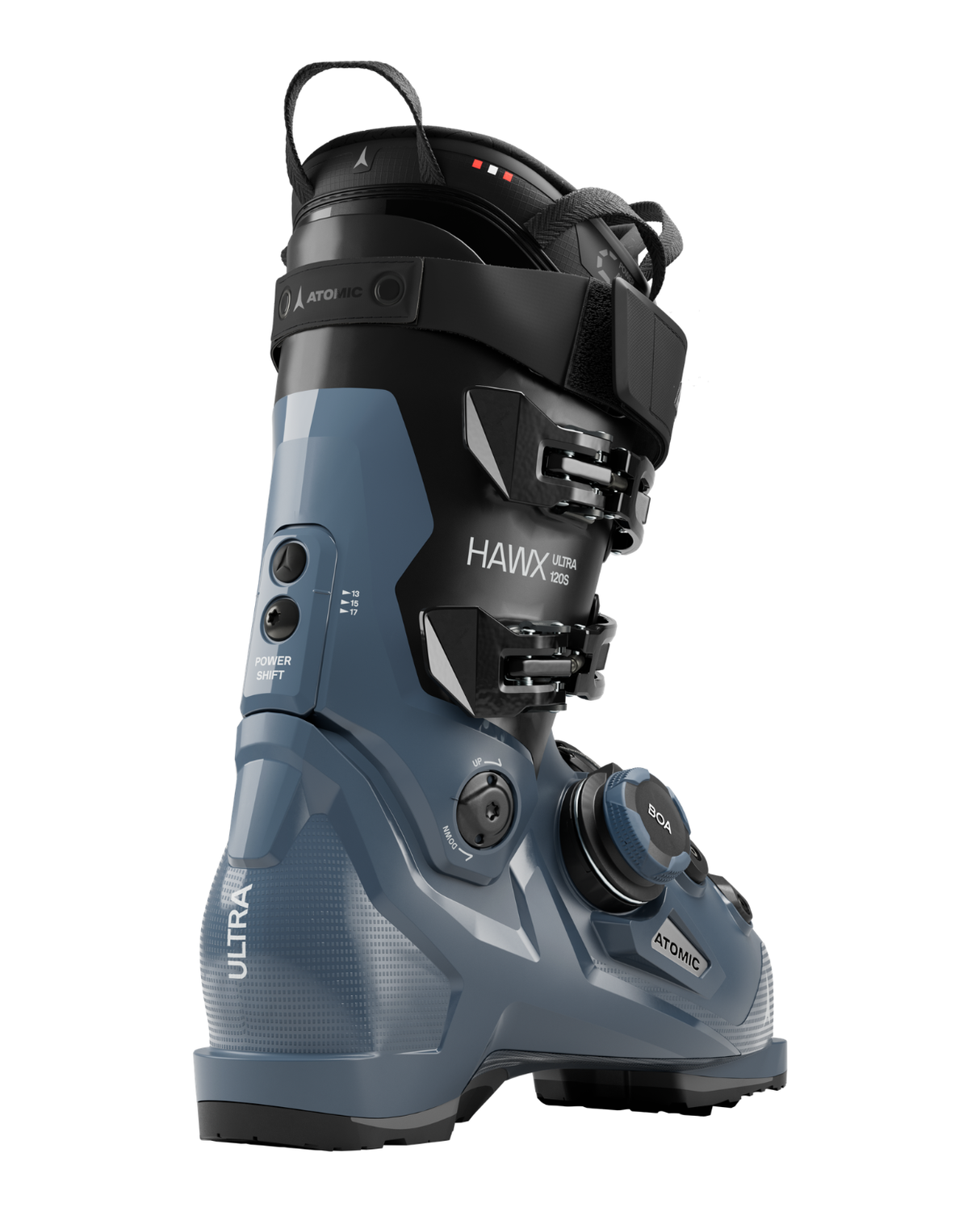 Atomic Hawx Ultra 120 S BOA alpinpjäxa i färgen Glacier/Black med BOA-system och Power Shift-justering.