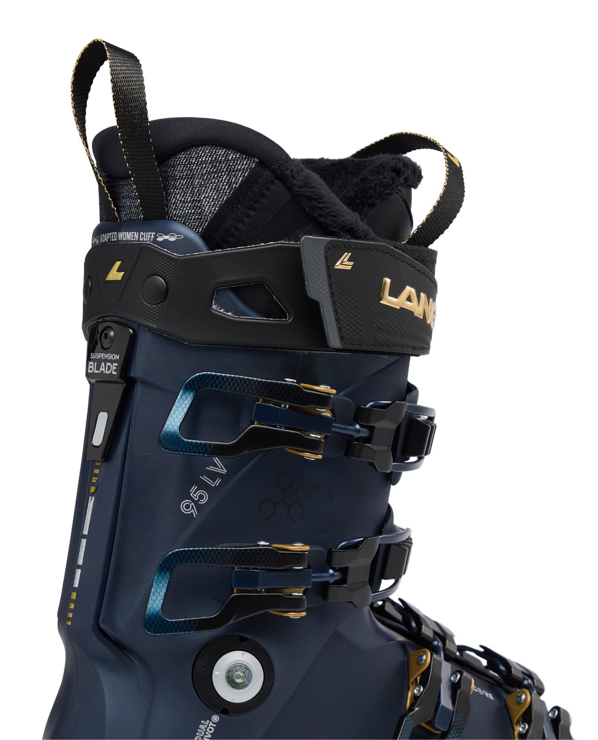 Lange Shadow 95 LV GW dam-alpinpjäxa i mörkblått med fokus på skaft, spännen och Suspension Blade-teknologi.