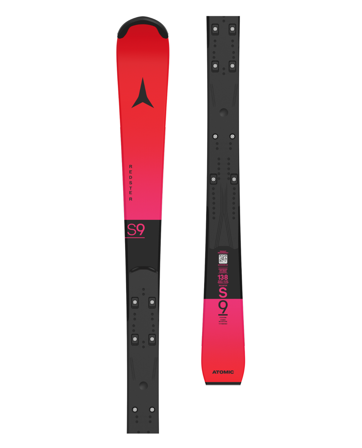 Atomic Redster S9 FIS J-RP 26/27, röda juniorslalomskidor för tävling med integrerad raceplatta.