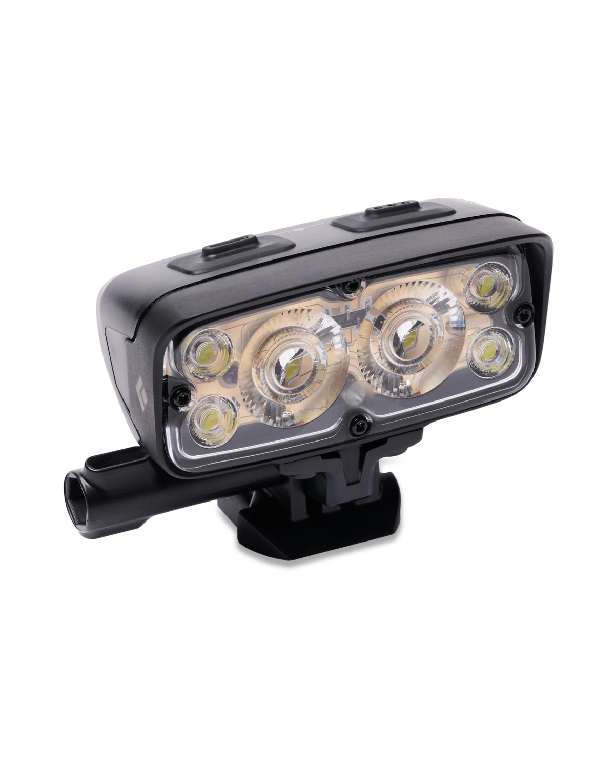 Svart Black Diamond Megawatt pannlampa med flera LED-lampor och fäste för toppturer och skidåkning.