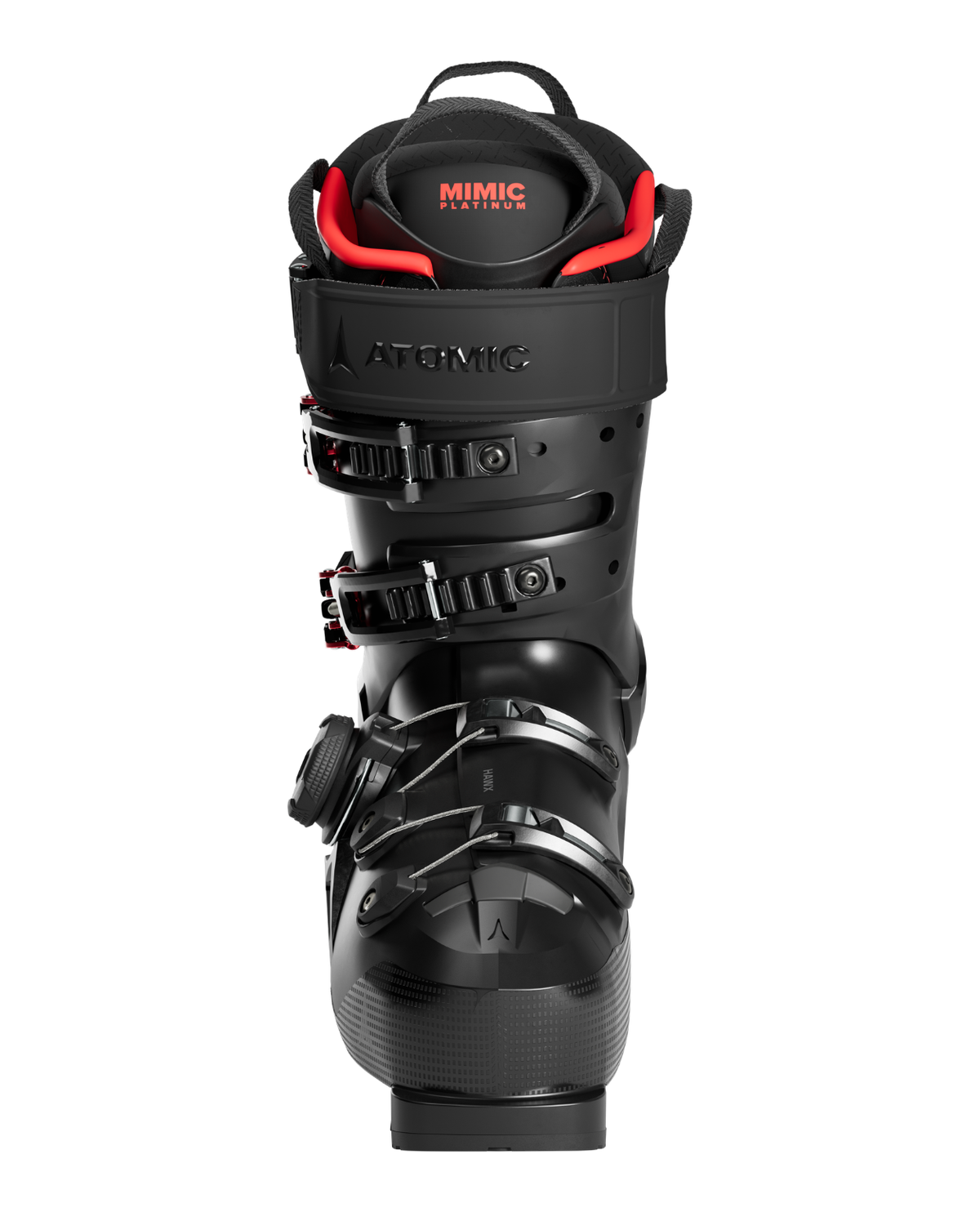 Svart Atomic Hawx Ultra 130 S BOA alpinpjäxa med röd Mimic-innersko och BOA-system framifrån.