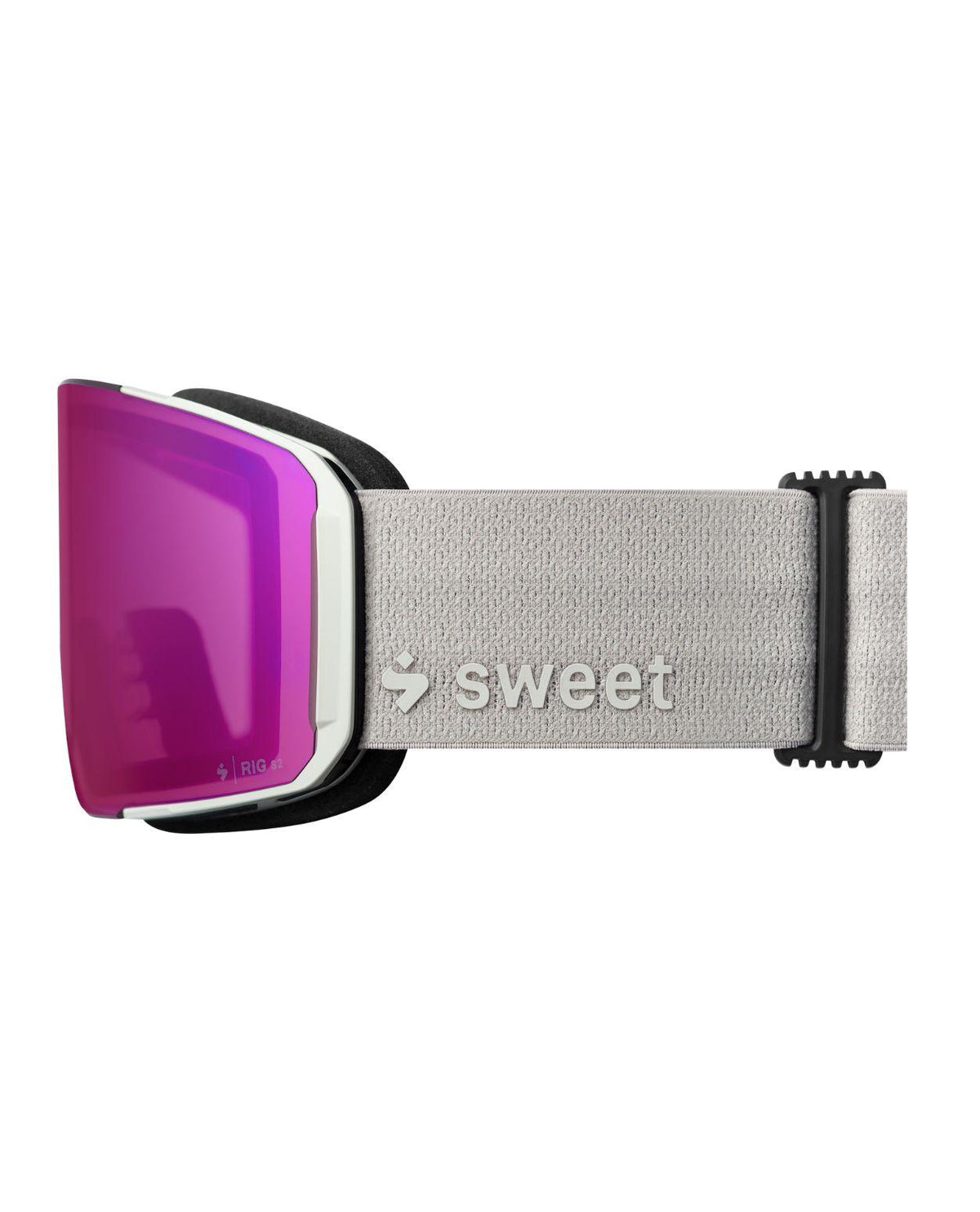 Sweet Protection Boondock II M RIG Reflect skidglasögon med rosa lins och grått band mot vit bakgrund.