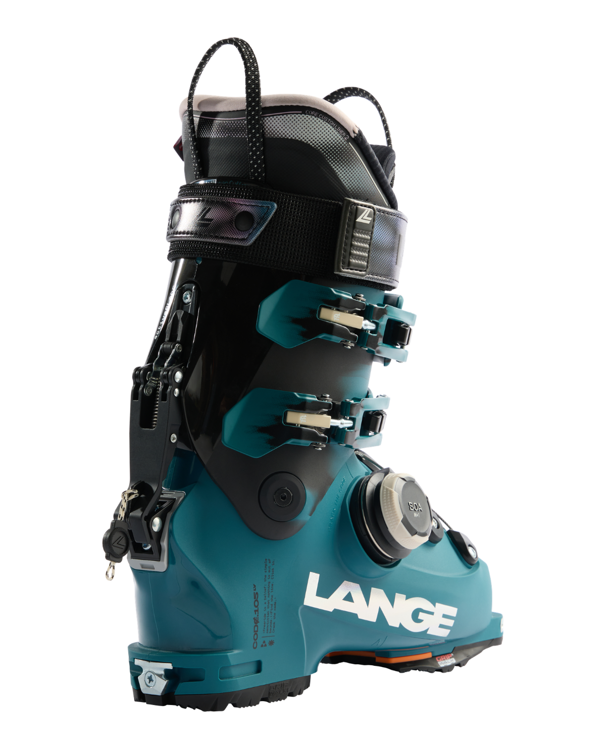 Lange Code 105 BOA LV GW dam-alpinpjäxa i turkost och svart med BOA-spännsystem mot vit bakgrund.