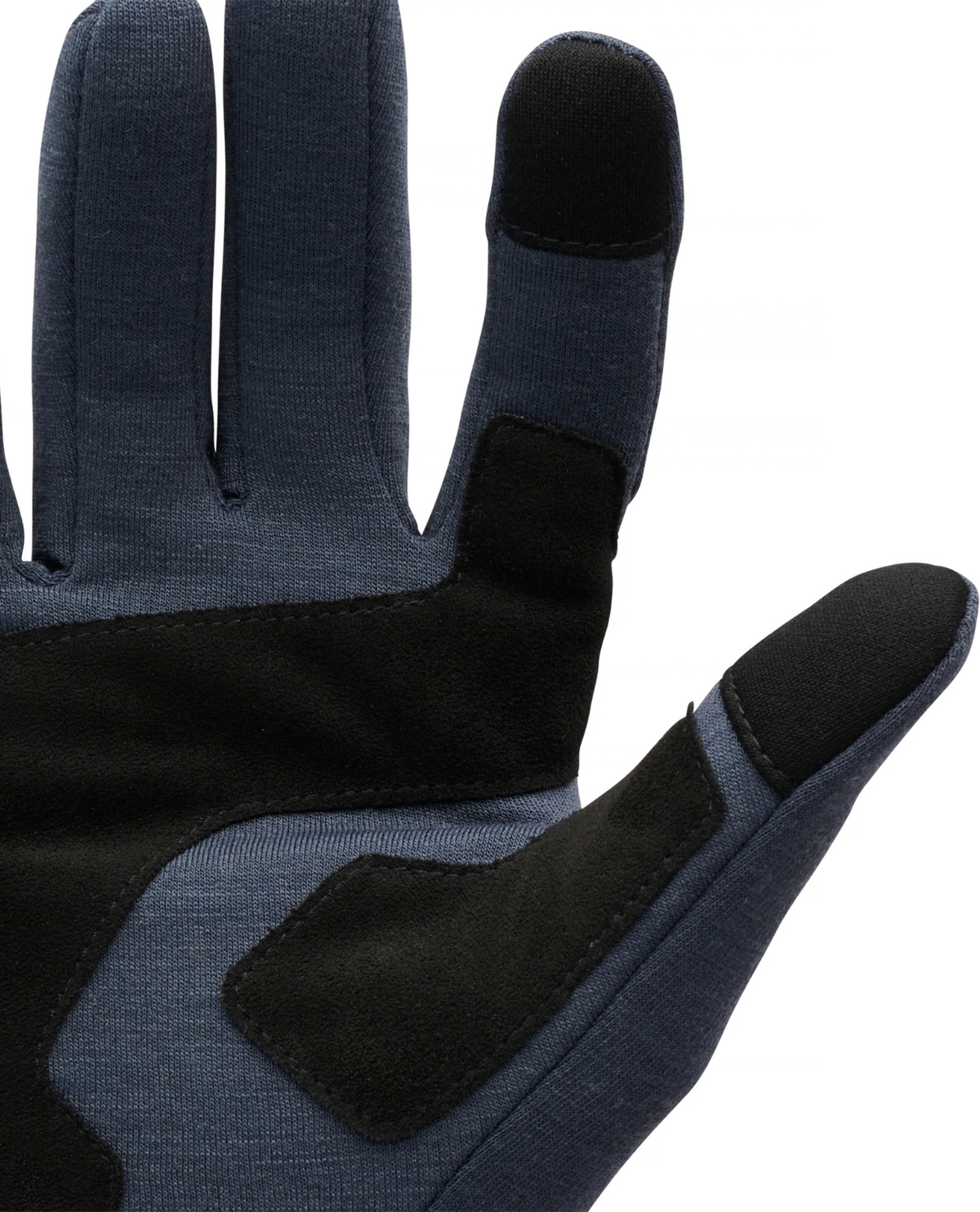 Black Diamond Heavyweight Wool Liners handskar i färgen charcoal visar handflatan med förstärkta detaljer
