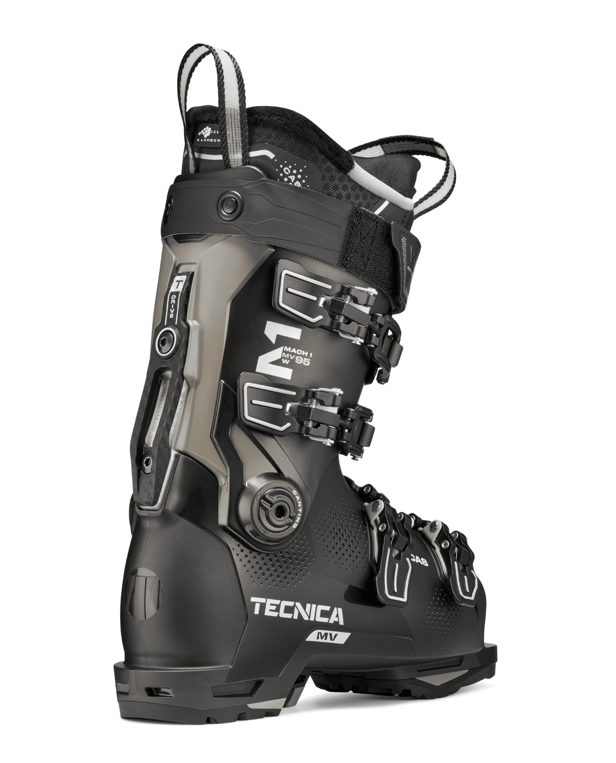 Tecnica Mach1 MV 95 TD2 Women - Svart alpinpjäxa för damer sett bakifrån