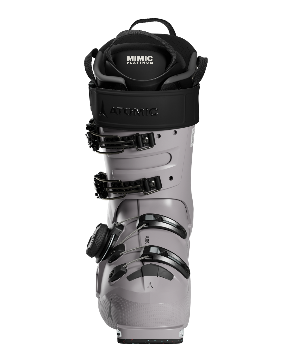Atomic Hawx Ultra XTD 130 BOA grå toppturspjäxa med svart BOA-system och Mimic-foder sedd framifrån.