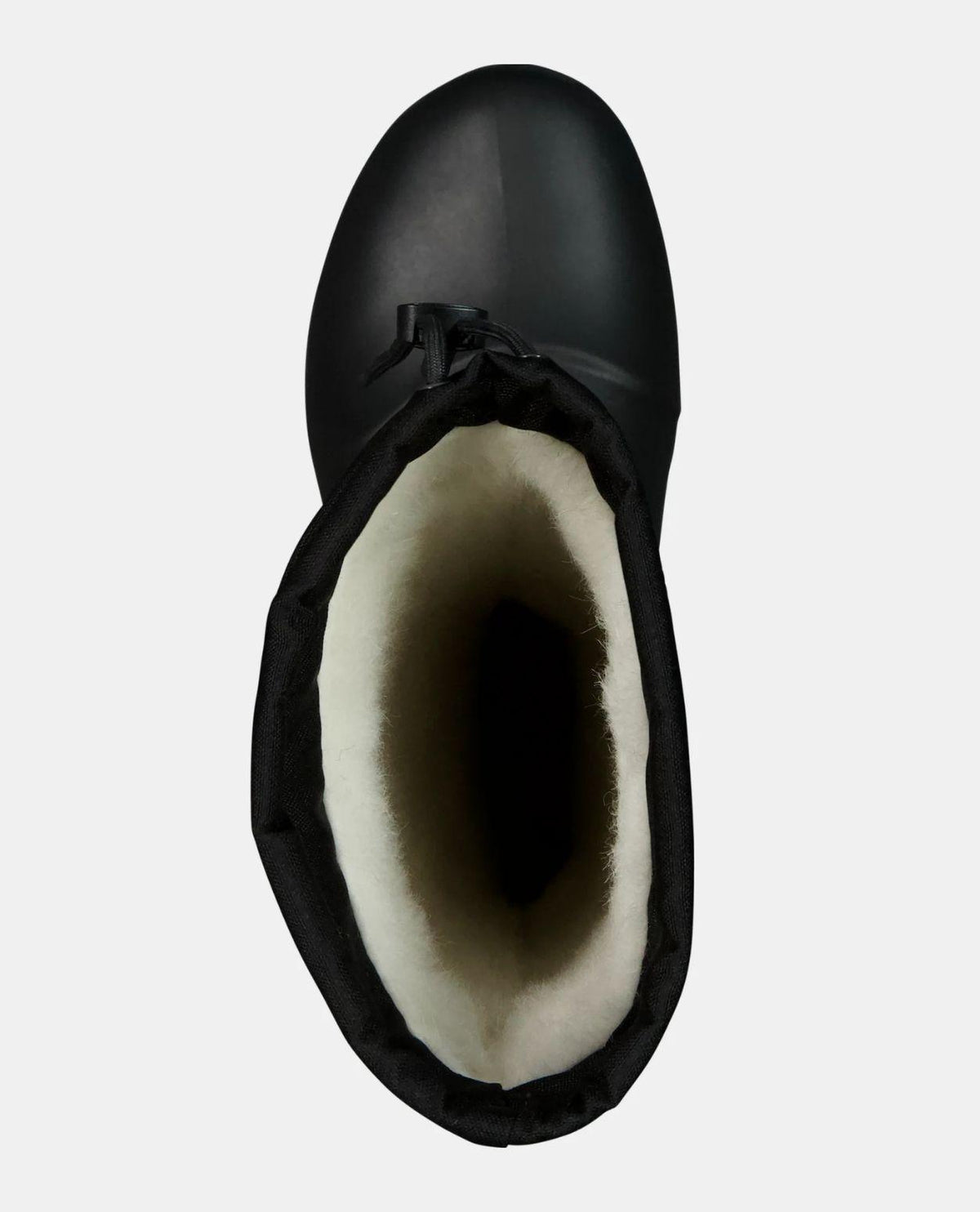 OvanifrÄn vy av den svarta vinterstöveln FUBUKI Niseko 3.0 med synligt ljust foder inuti skaftet och snölÄs med dragsko.