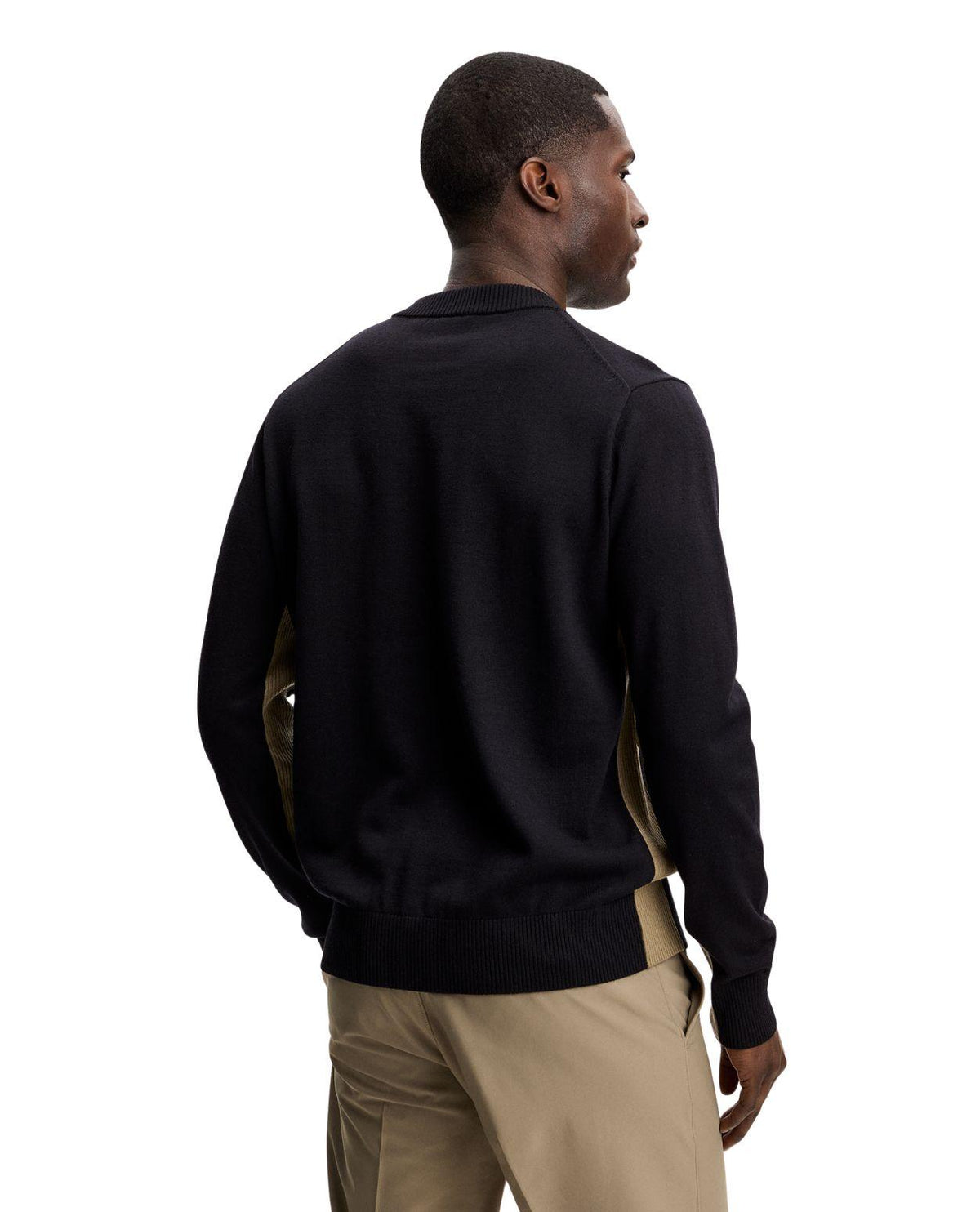 J.Lindeberg Chester Side Stripe Knit Crew tröja för herrar i svart färg, bakifrån.