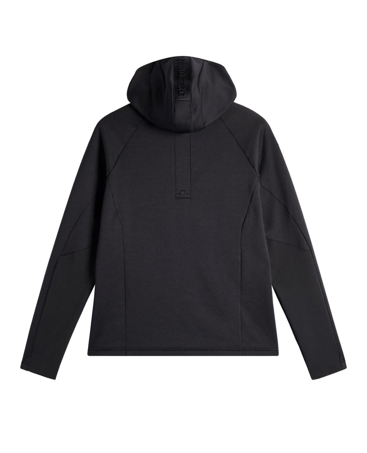 J.Lindeberg Pollock Polartec Hood Herr i svart sett bakifrån med huva och logotyp.