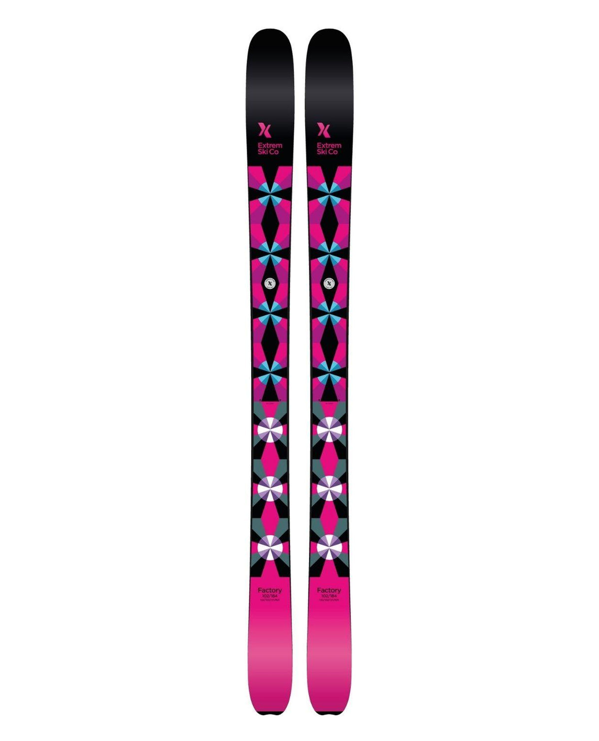 Extrem Ski Co Factory 102 friåkningsskidor i svart och rosa design för allroundåkning över hela berget.