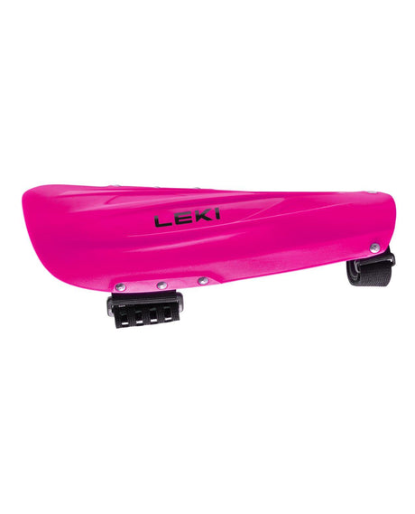 Robust Leki Forearm Protector i neonrosa, ett slitstarkt underarmsskydd optimerat för alpina tävlingsåkare.