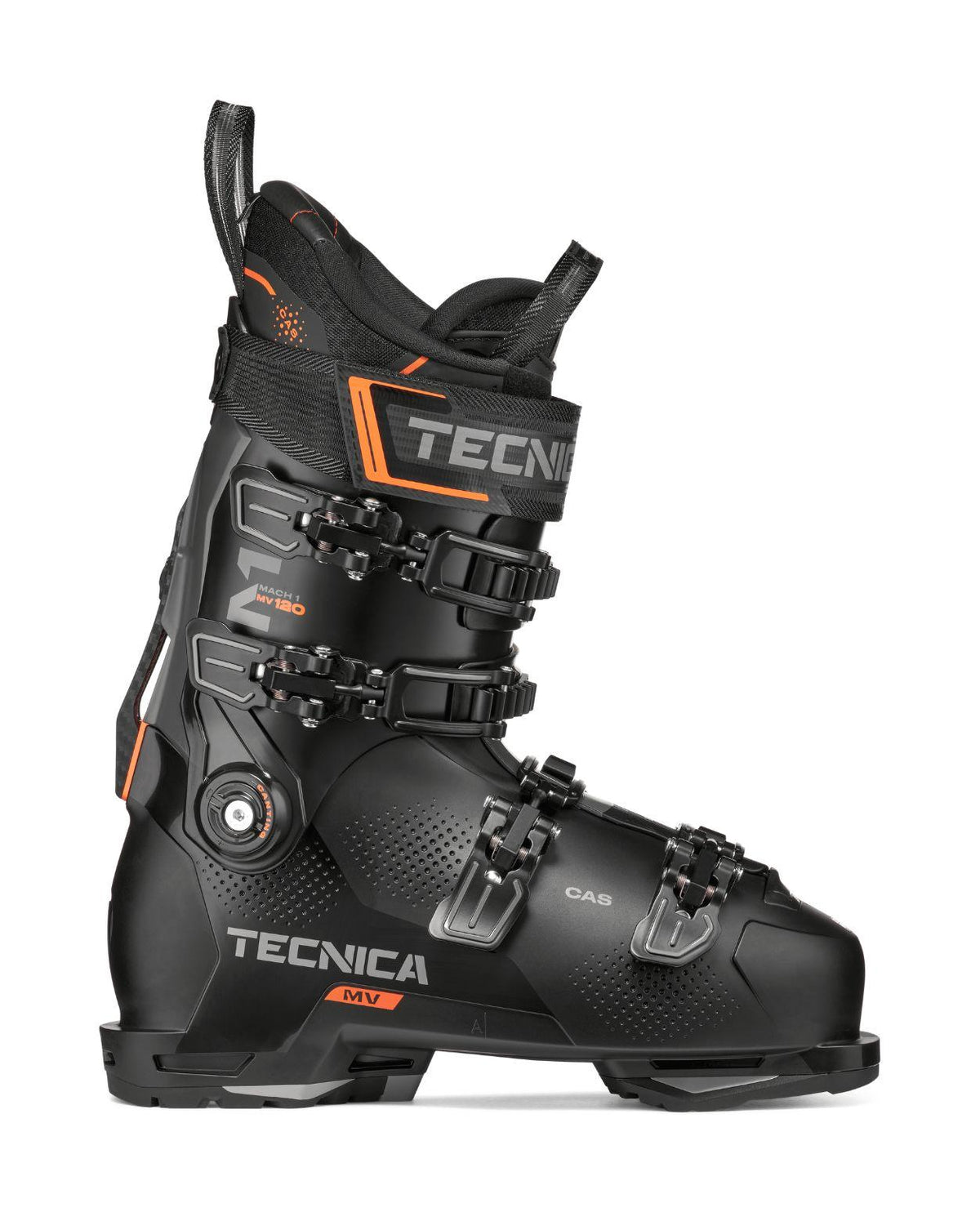 Tecnica Mach1 MV 120 TD2 - Svarta och orangea alpina skidpjäxor med spännen för herrar.