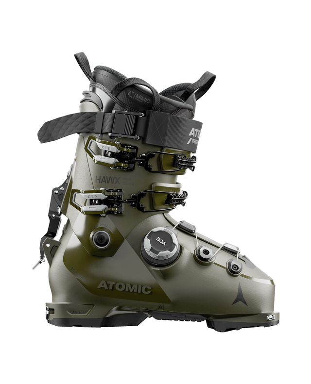 Olivgrön Atomic Hawx Prime XTD 130 BOA, en teknisk hybridpjäxa med BOA-system och gåläge för alpina toppturare.