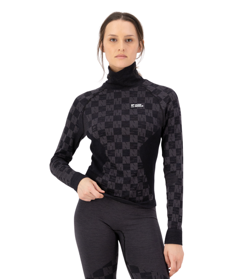 Mons Royale Womens Ascender Merino Seamless Mock Neck Long Sleeve - Forged Iron / Black