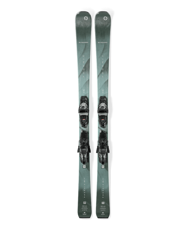Blizzard Phoenix 80 Ti damers pistskidor med bindningar i en grön design mot vit bakgrund.