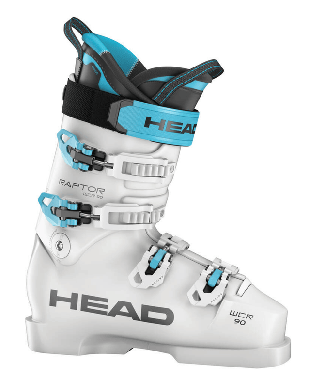 Head Raptor WCR 90 PV vit racingpjäxa för juniorer med fyra spännen och ljusblå detaljer.