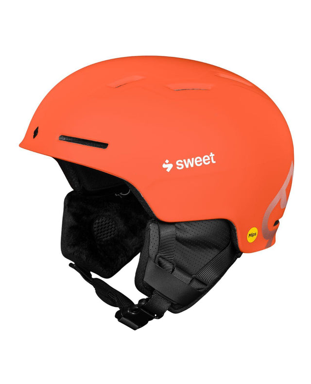 Sweet Protection Winder Mips Junior i färgen Flame Orange, en säker och stilren skidhjälm för unga skidåkare.