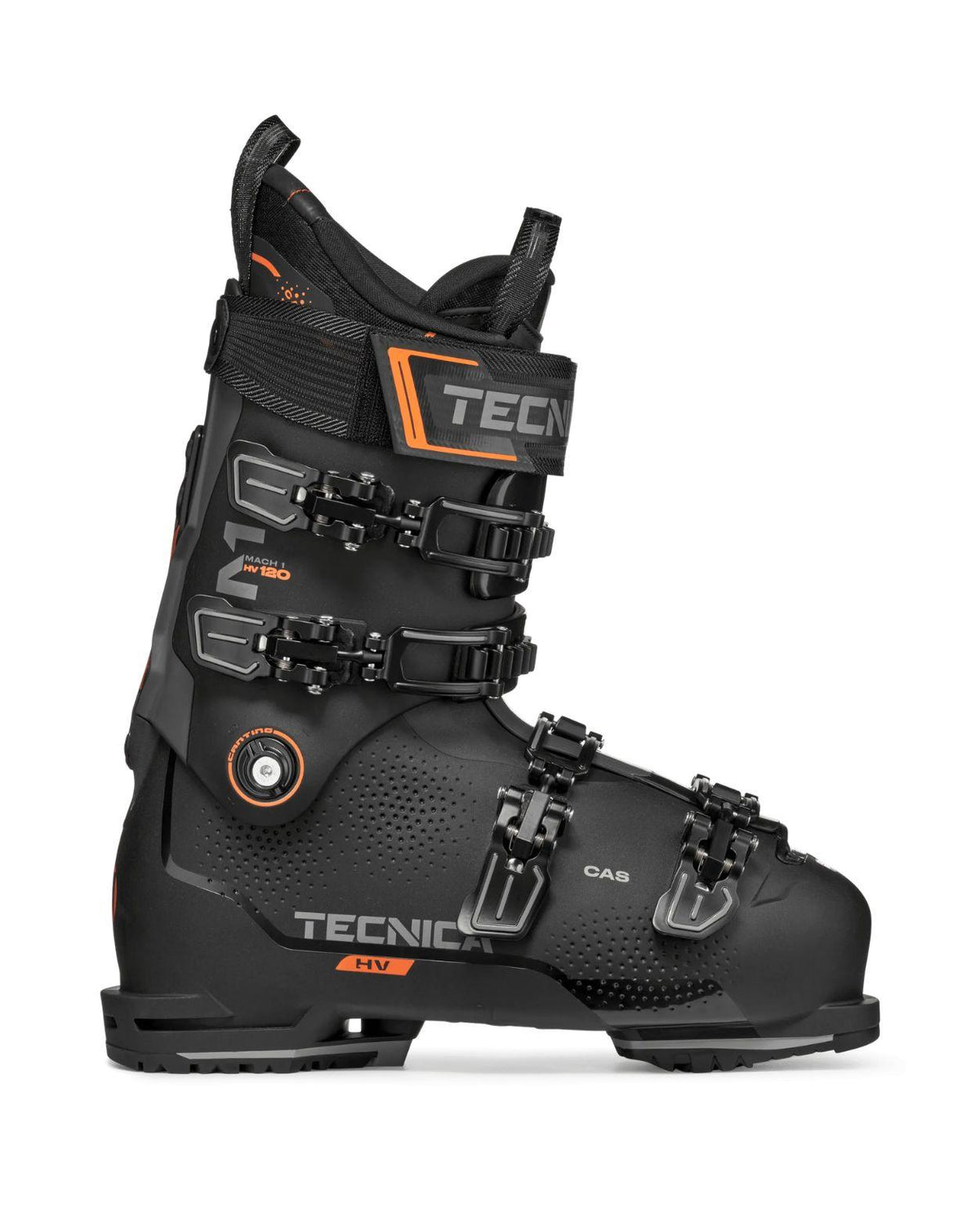 Tecnica Mach1 HV 120 TD är en svart alpinpjäxa med orangea detaljer för breda fötter.