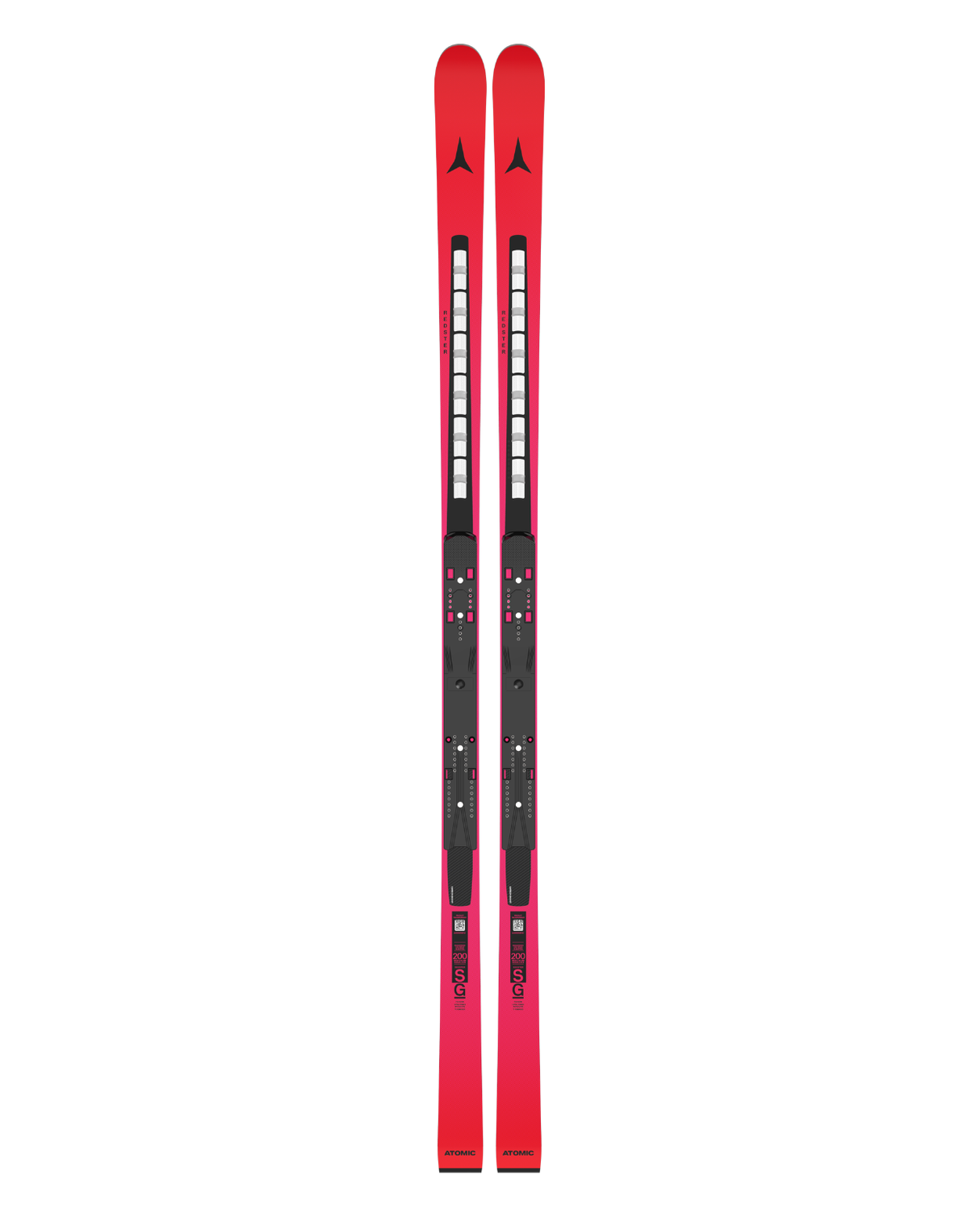 Röda Atomic Redster SG FIS Revoshock 200 26/27 Super-G-skidor med dämpande moduler och integrerat race-interface.