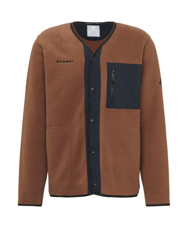 Mammut Moonstone Hybrid ML Cardigan i jordbrun och svart färg med bröstficka och tryckknappar.