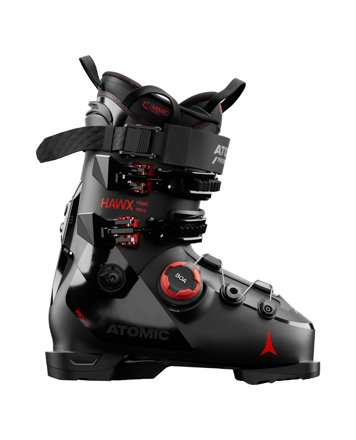 Atomic Hawx Prime 130 S BOA alpinpjäxa i svart och rött med BOA-system för exakt passform och prestanda.
