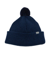 Blå ribbad mössa med pompom och uppvikt kant från Houdini i färgen Hombre Blue.