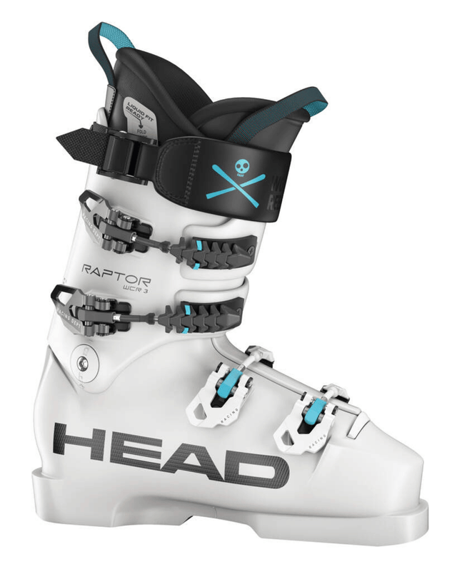 Vit Head Raptor WCR 3 RV 26/27 racepjäxa med Spineflex-spännen och ljusblå detaljer.