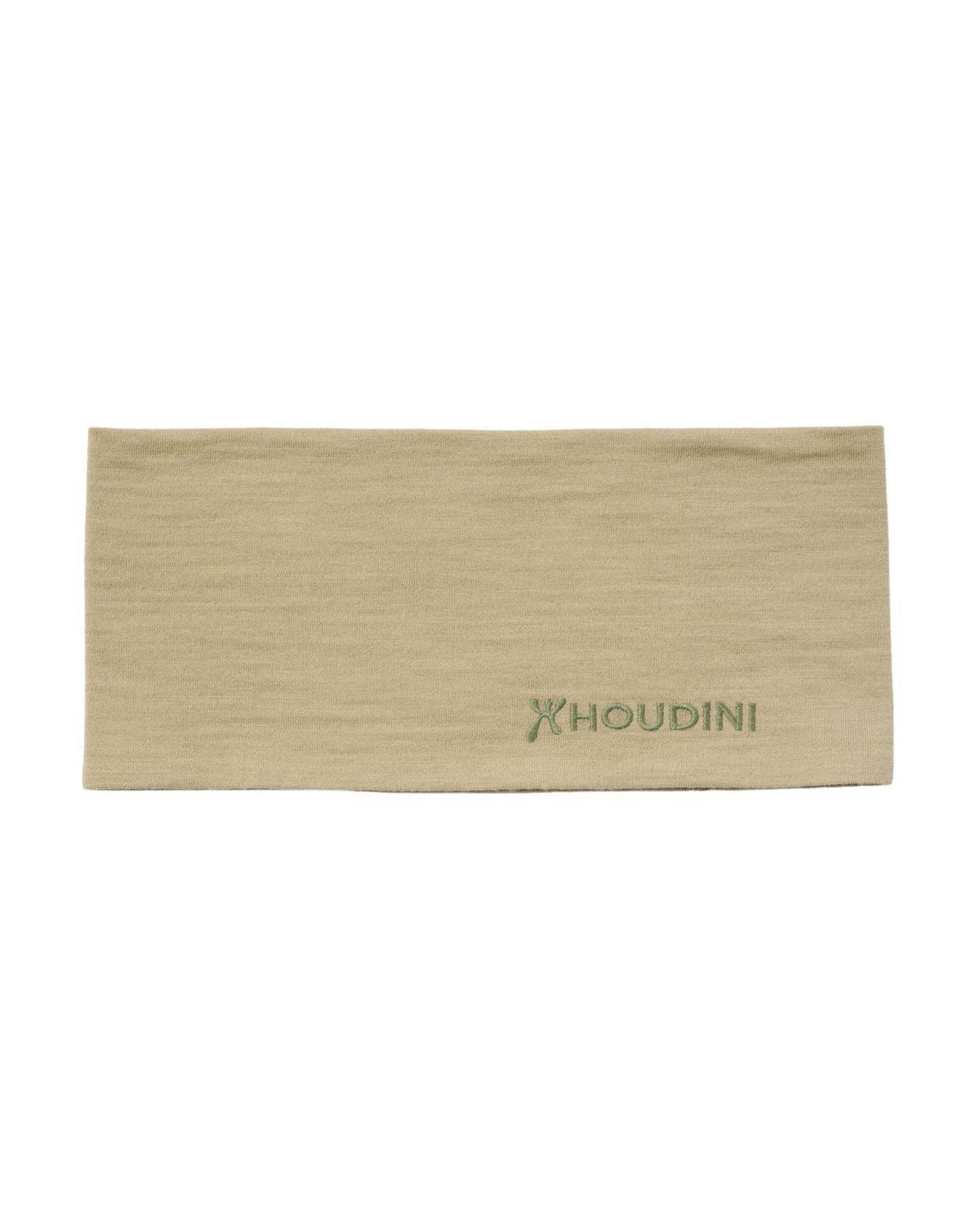 Houdini Puremerino Headband i färgen powder green, ett ribbat pannband i merinoull med broderad logotyp.
