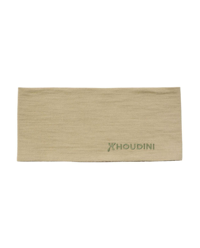 Houdini Puremerino Headband i färgen powder green, ett ribbat pannband i merinoull med broderad logotyp.