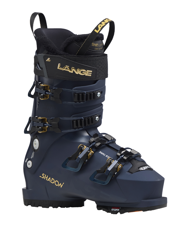 Lange Shadow 95 LV GW dam-alpinpjäxa i mörkblått med guldfärgade detaljer.