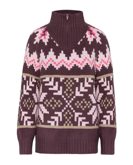 Kari Traa Amelia Knit - Cocoa Powder brun stickad tröja med mönster och hög krage med dragkedja.