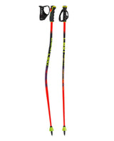 Leki WCR Evo Lite GS TR, böjda racingstavar för juniorer i storslalom med röd och neongul grafik.