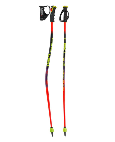 Leki WCR Evo Lite GS TR, böjda racingstavar för juniorer i storslalom med röd och neongul grafik.