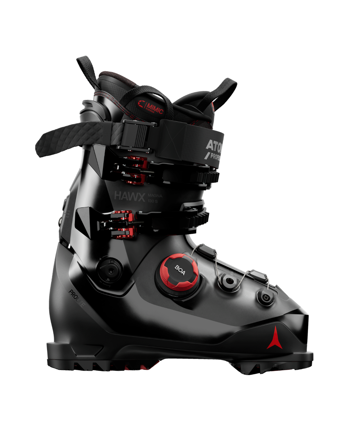 Svart Atomic Hawx Magna 130 S BOA alpinpjäxa med röda detaljer och BOA-system för optimal passform.