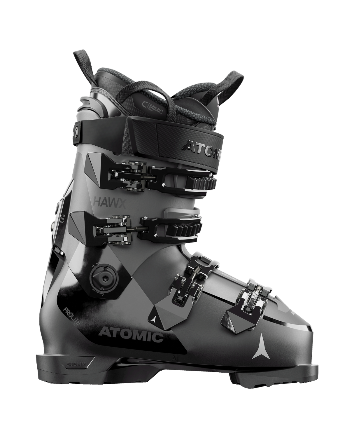Atomic Hawx Prime 110 S alpinpjäxa i svart och slate med Prolite-skal och fyra spännen för stabil utförsåkning.
