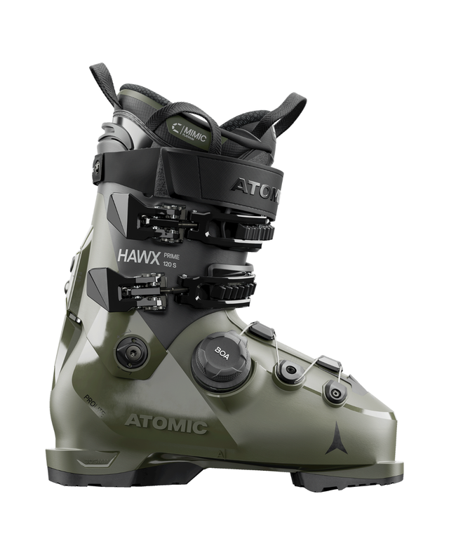 Atomic Hawx Prime 120 S BOA alpinpjäxa i olivgrönt utförande med BOA-system för optimal passform.