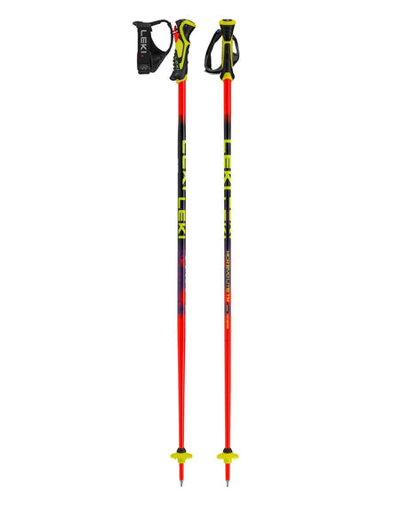 Leki WCR Evo Lite SL TR juniorracingstavar för slalom i rött, violett och neongult med Trigger 3D-system.