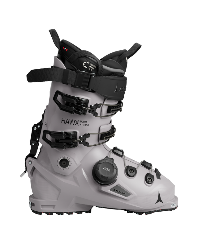 Atomic Hawx Ultra XTD 130 BOA 26/27, grå toppturspjäxa med BOA-snörning och gåläge för teknisk utförsåkning.