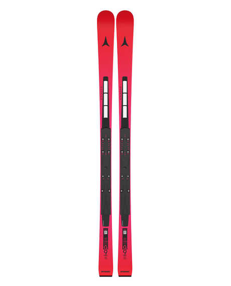 Röda Atomic Redster G9 FIS Revoshock J-RP junior-GS-skidor med stabil raceplatta för tävlingsåkning.