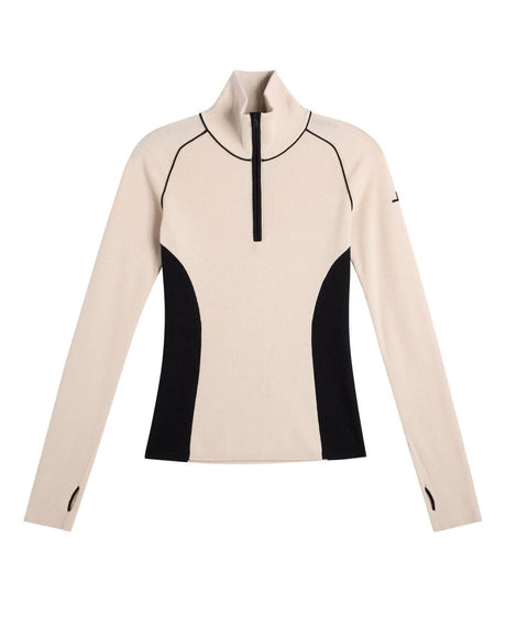 J.Lindeberg Valley Knitted Rib Quarter Zip damtröja i beige och svart med hög krage.