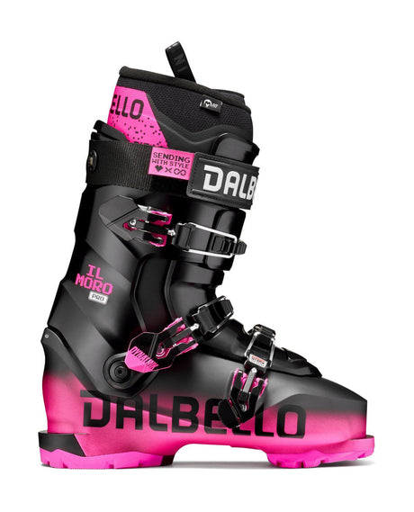 Dalbello Il Moro PRO 3DWrap alpinpjäxa i svart och rosa med spännen för friåkning och park.